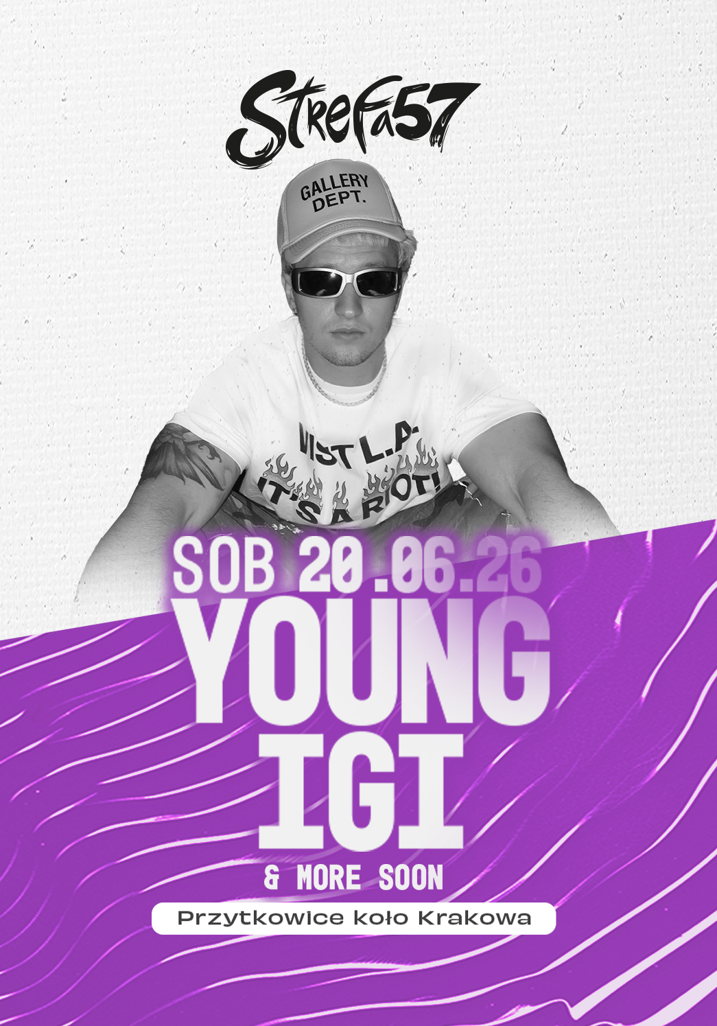 Plakat promujący FESTIWAL przedstawia osobę w okularach przeciwsłonecznych i kapeluszu, z tekstem zapowiadającym występ Young Igi na scenie SB w sobotę 20.06.26 w Strefie57 w Przytkowicach koło Krakowa. Białe i fioletowe tło ma artystyczne wzory.