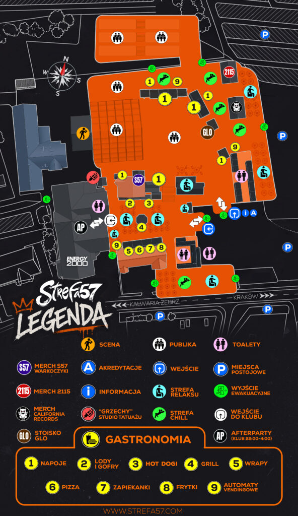 Mapa terenu festiwalu Strefa57 przedstawiająca scenę, obszar dla publiczności, sprzedawców żywności, toalety, punkty informacyjne, tatuaże, strefy relaksu, afterparty, parking i inne obiekty, z kolorowymi ikonami i legendą ułatwiającą nawigację.