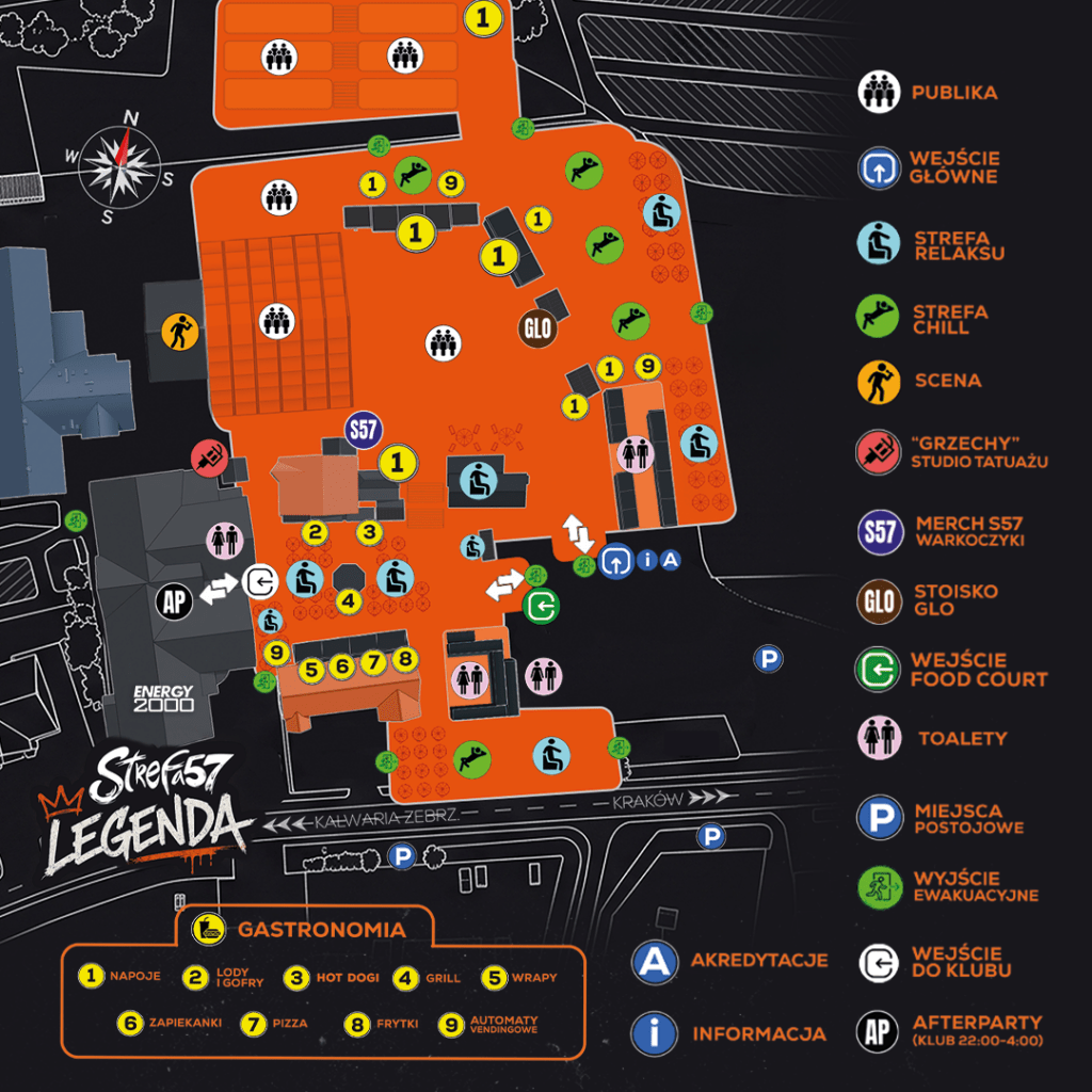 Kolorowa mapa festiwalu pokazuje strefy głównego wejścia, strefy relaksu, sceny, studia tatuażu, strefy gastronomicznej, toalet i punktów informacyjnych. Ikony oznaczają opcje gastronomiczne i obiekty eventowe, wraz z legendą i wskazówkami.