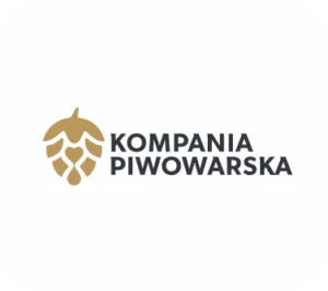 Logo Kompanii Piwowarskiej ze stylizowaną złotą szyszką chmielową po lewej stronie i nazwą firmy zapisaną pogrubionymi czarnymi literami po prawej stronie, wszystko na białym tle z zaokrąglonymi rogami.