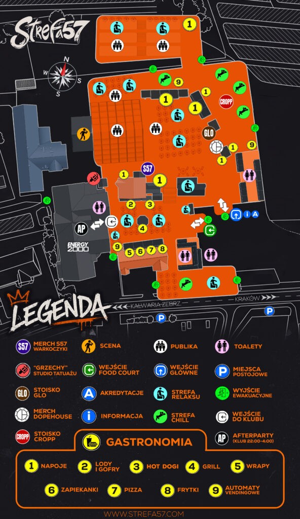 Mapa festiwalu muzycznego z oznaczonymi strefami: scenami, miejscami dla publiczności, toaletami, punktami gastronomicznymi, punktami akredytacyjnymi, punktami informacyjnymi oraz afterparty. Każda strefa jest oznaczona kolorowymi ikonami, a na dole znajduje się legenda wyjaśniająca znaczenie symboli.