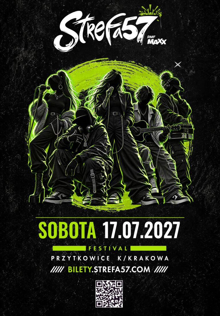 Plakat promujący festiwal muzyczny Strefa57, który odbędzie się w sobotę, 17 lipca 2027 r., w Przytkowicach pod Krakowem, przedstawiający grupę pięciu wykonawców, identyfikację wizualną festiwalu oraz kod QR umożliwiający zakup biletów, zaprezentowany jako profesjonalny projekt.